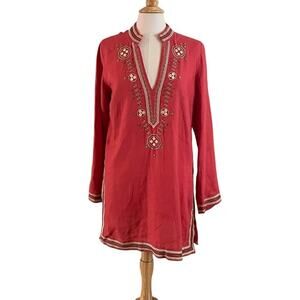 VTG Old Navy Red Linen Long Sleeve Boho Embroidered V-Neck Tunic/Cover-Up Size L